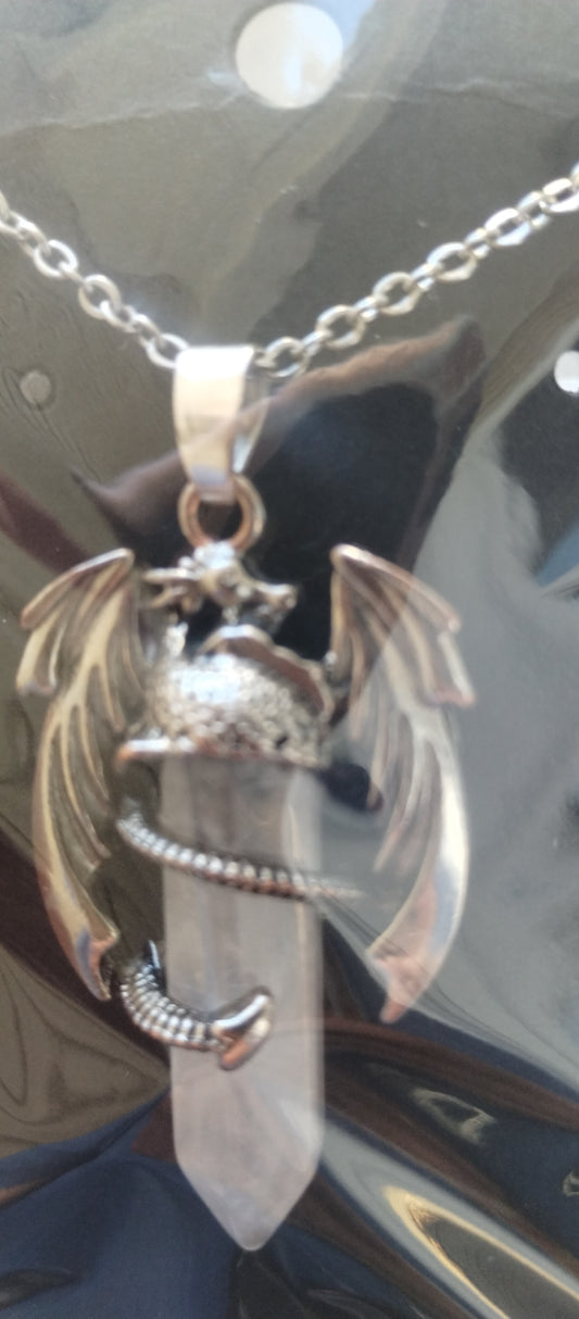 Dragon Necklace with milky quartz crystal